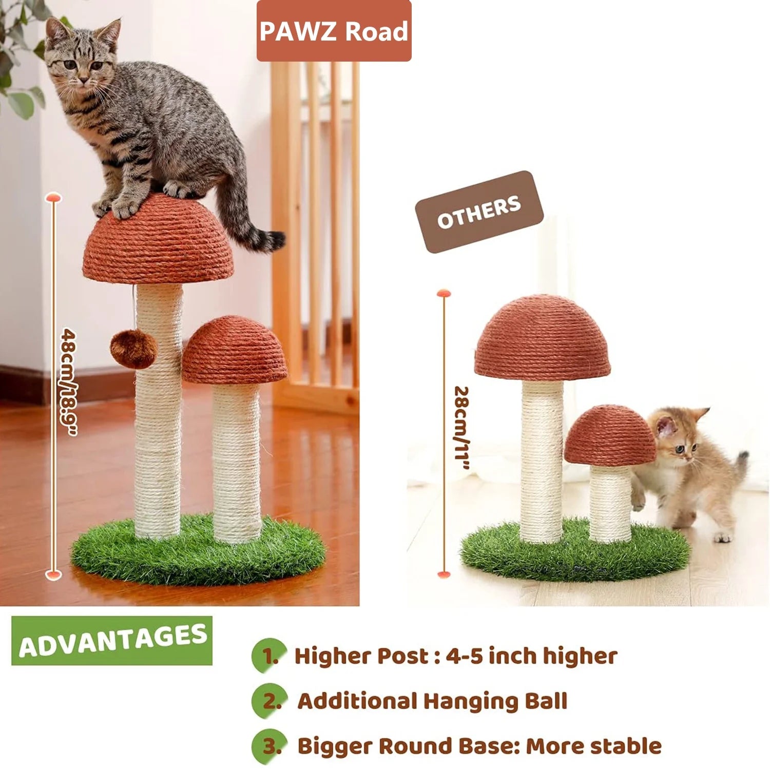 2 Mushrooms Cat Scratching Post 19" Sisal Claw Scratcher for Kittens and Small Cats, Brown