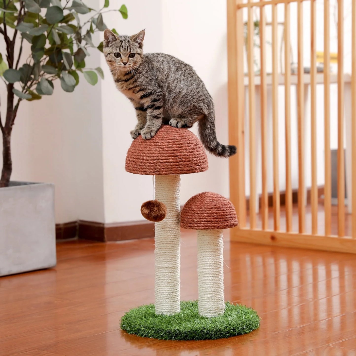 2 Mushrooms Cat Scratching Post 19" Sisal Claw Scratcher for Kittens and Small Cats, Brown